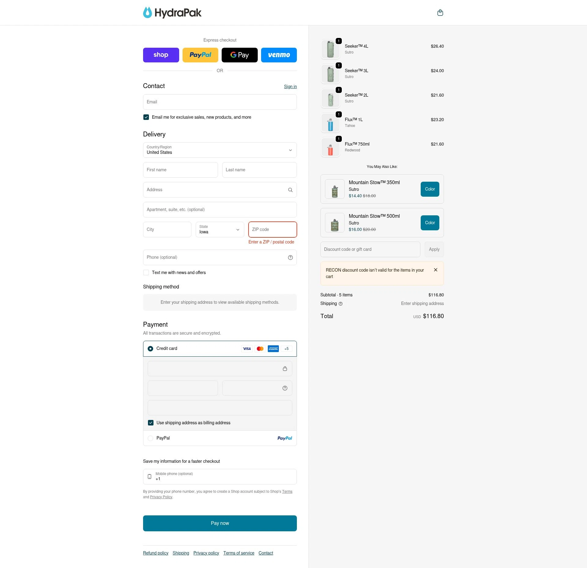 Hydrapak checkout page showing Hydrapak discount code box | Screenshot taken by SimplyCodes community member on Feb 2, 2026