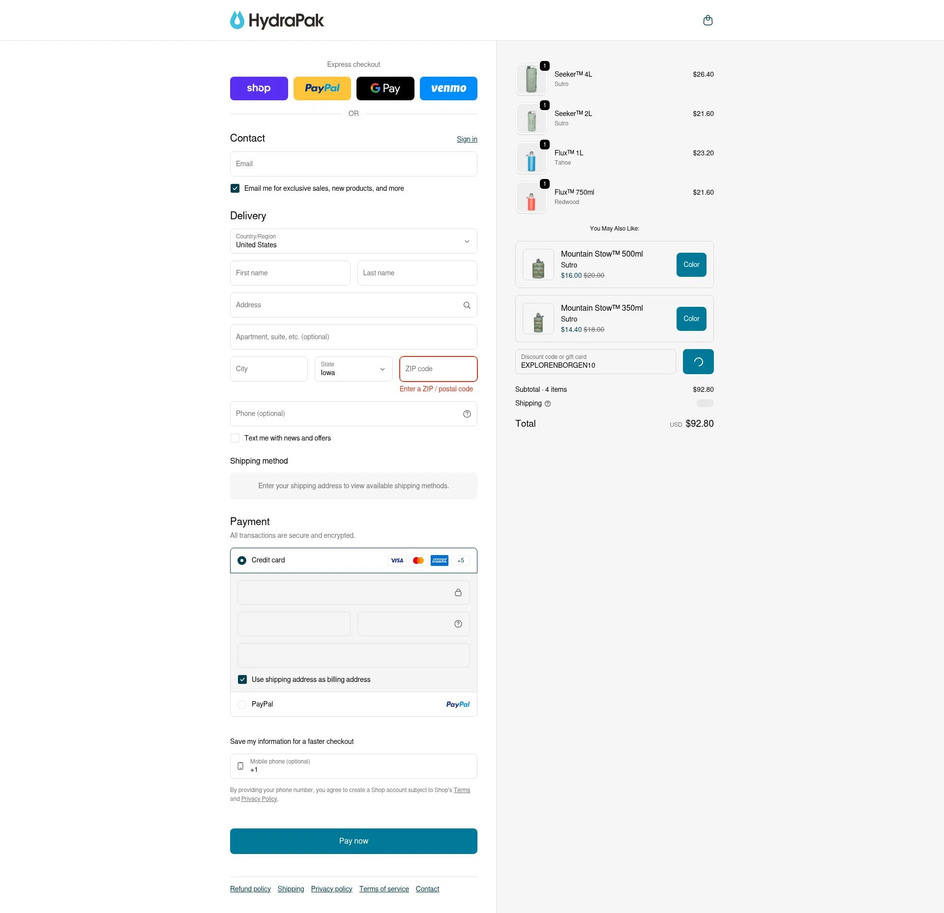 Hydrapak checkout page showing Hydrapak discount code box | Screenshot taken by SimplyCodes community member on Feb 6, 2026