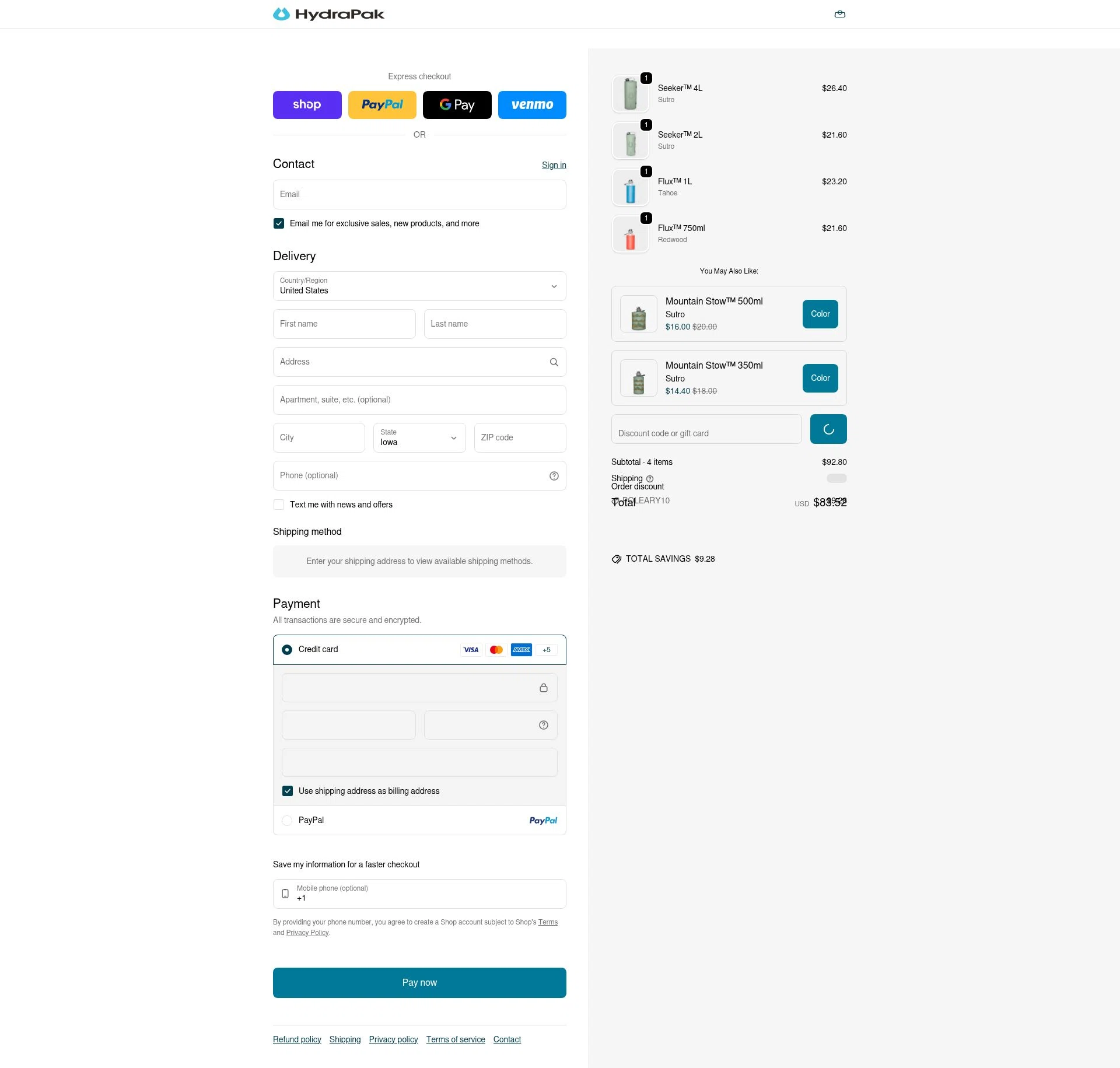 Hydrapak checkout page showing Hydrapak discount code box | Screenshot taken by SimplyCodes community member on Feb 6, 2026