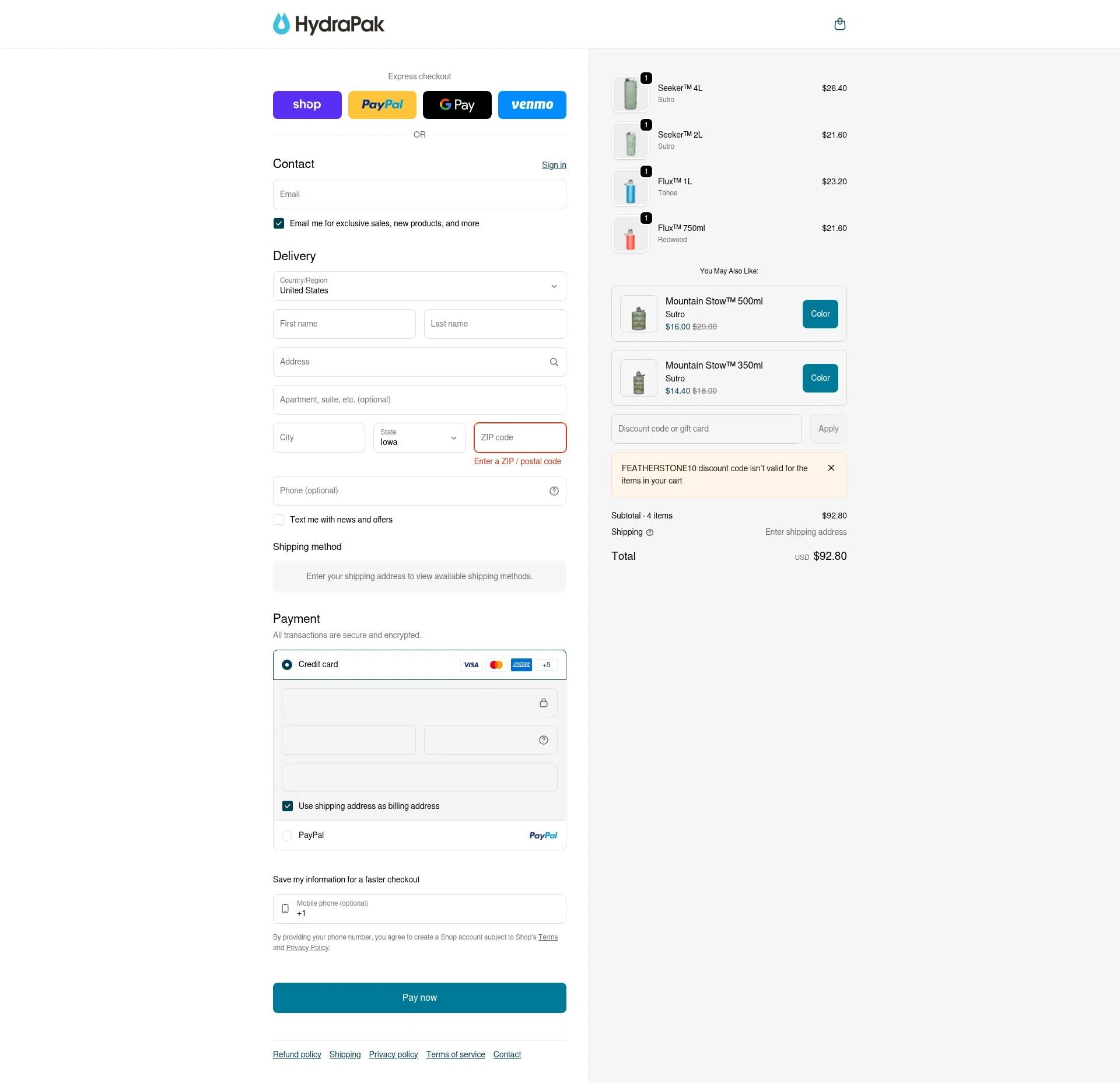 Hydrapak checkout page showing Hydrapak discount code box | Screenshot taken by SimplyCodes community member on Feb 6, 2026