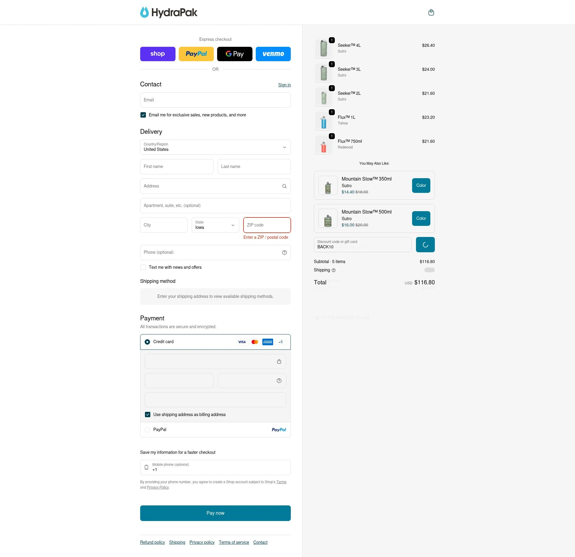 Hydrapak checkout page showing Hydrapak discount code box | Screenshot taken by SimplyCodes community member on Feb 2, 2026