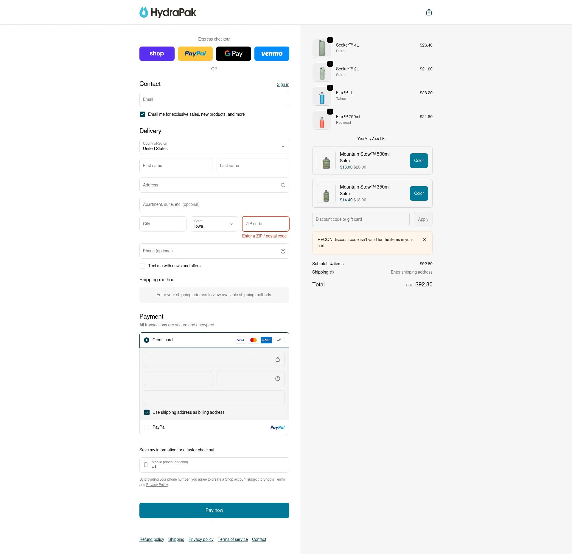 Hydrapak checkout page showing Hydrapak discount code box | Screenshot taken by SimplyCodes community member on Feb 6, 2026