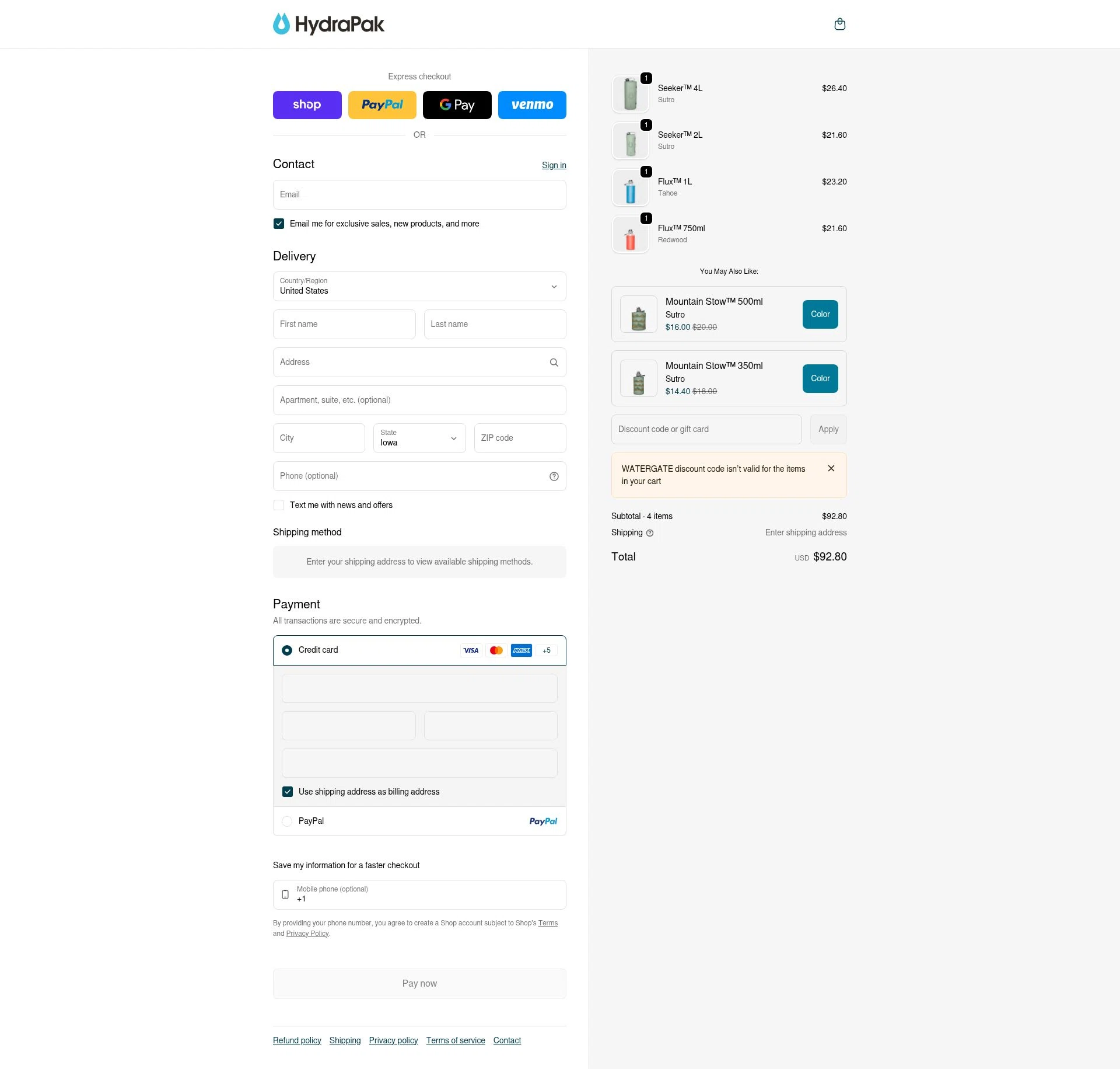 Hydrapak checkout page showing Hydrapak discount code box | Screenshot taken by SimplyCodes community member on Feb 6, 2026