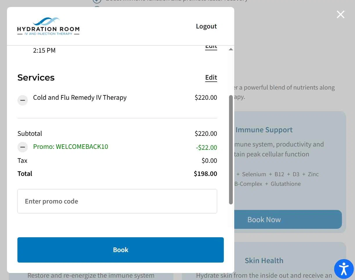 Hydration Room checkout page showing Hydration Room discount code box | Screenshot taken by SimplyCodes community member on Nov 1, 2025