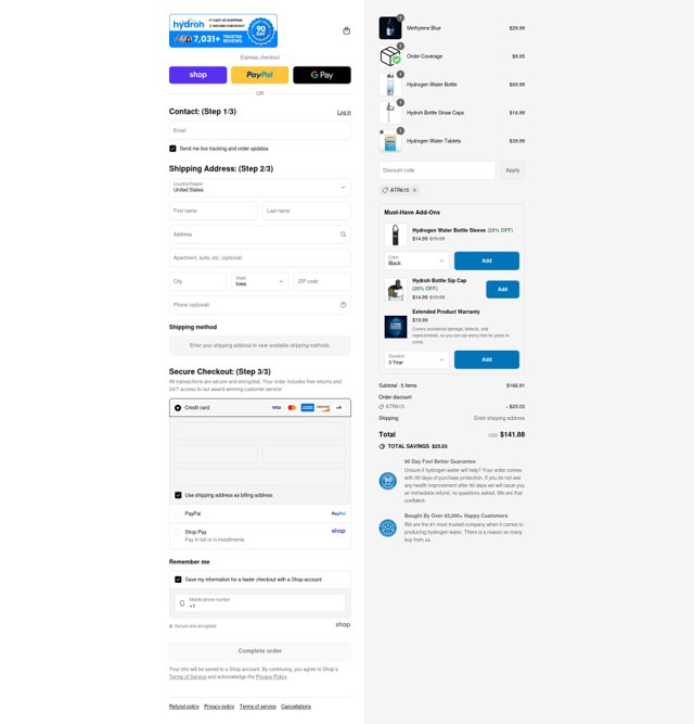 Hydroh Bottle checkout page showing Hydroh Bottle coupon code box | Screenshot taken by SimplyCodes community member on Sep 5, 2025