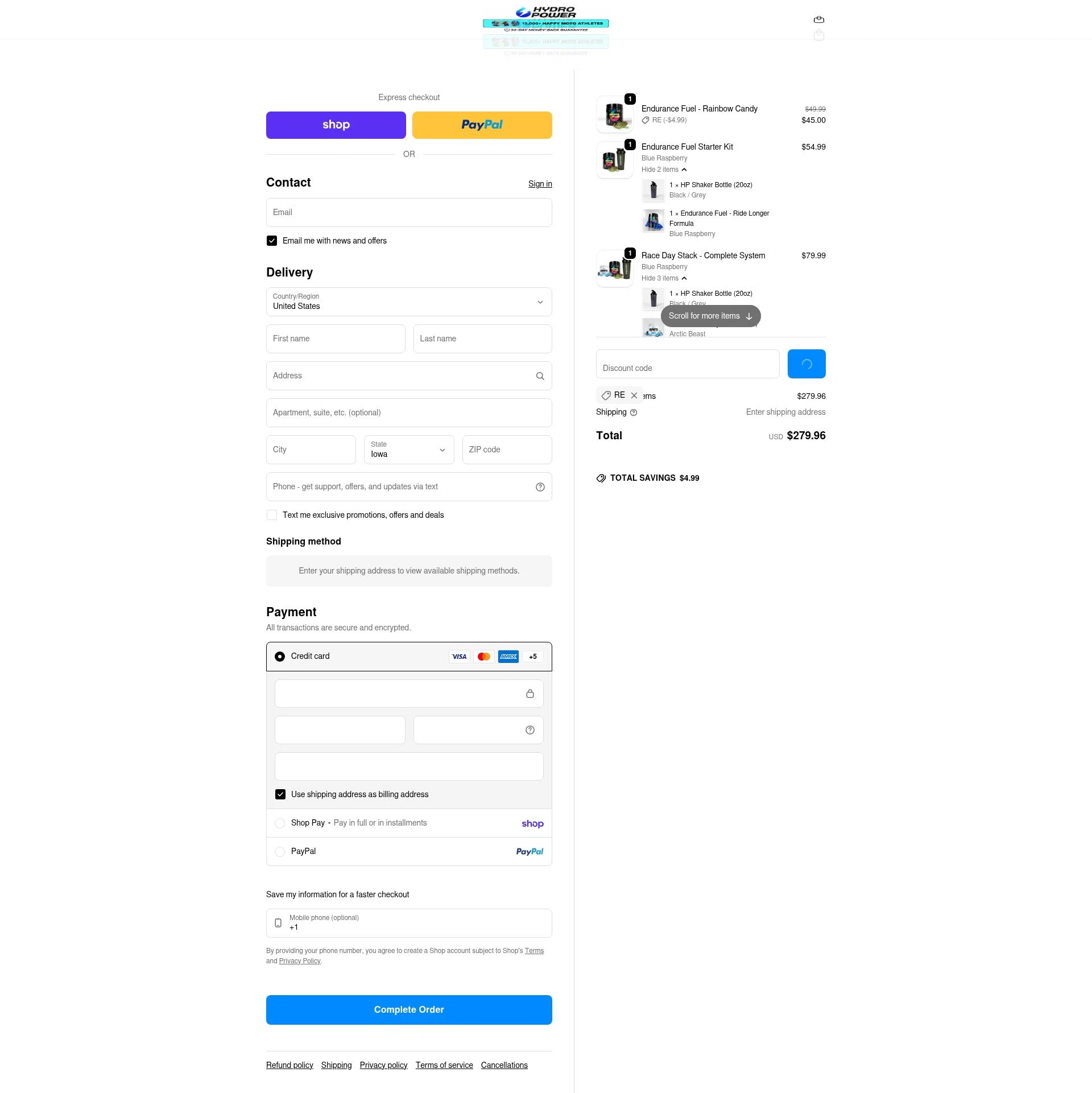 Hydro Power checkout page showing Hydro Power discount code box | Screenshot taken by SimplyCodes community member on Feb 10, 2026