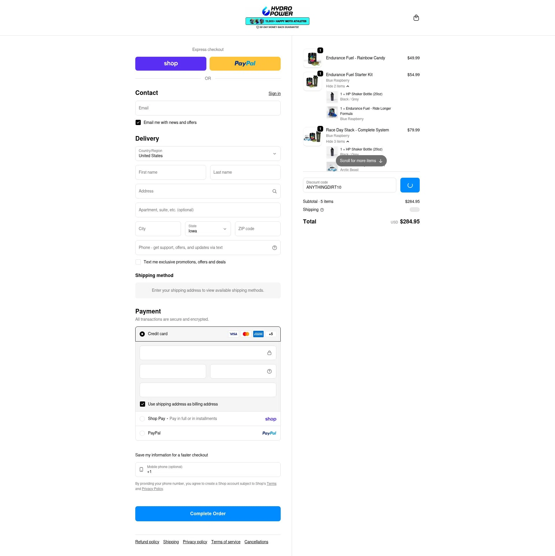 Hydro Power checkout page showing Hydro Power discount code box | Screenshot taken by SimplyCodes community member on Feb 10, 2026