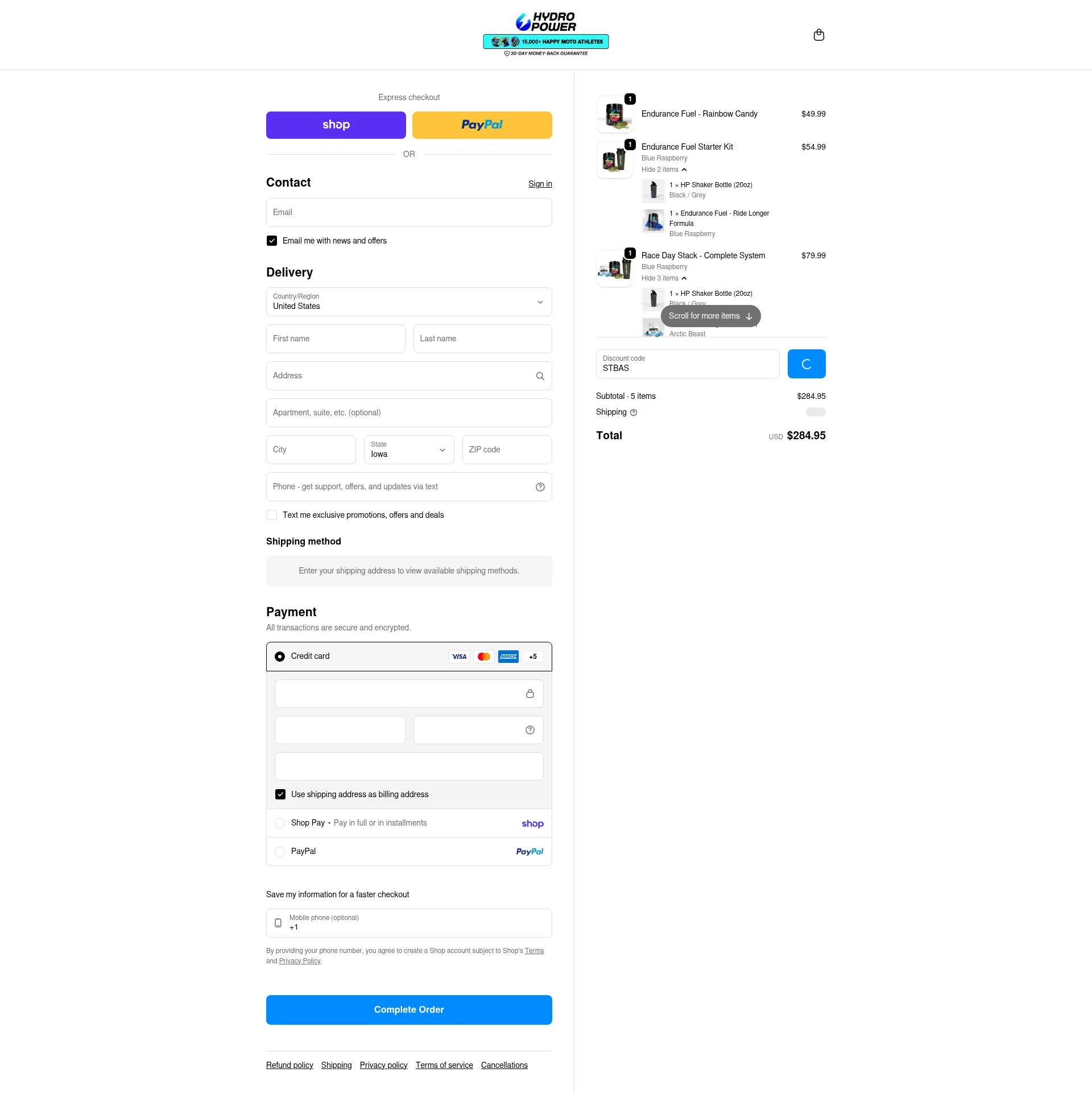 Hydro Power checkout page showing Hydro Power discount code box | Screenshot taken by SimplyCodes community member on Feb 10, 2026