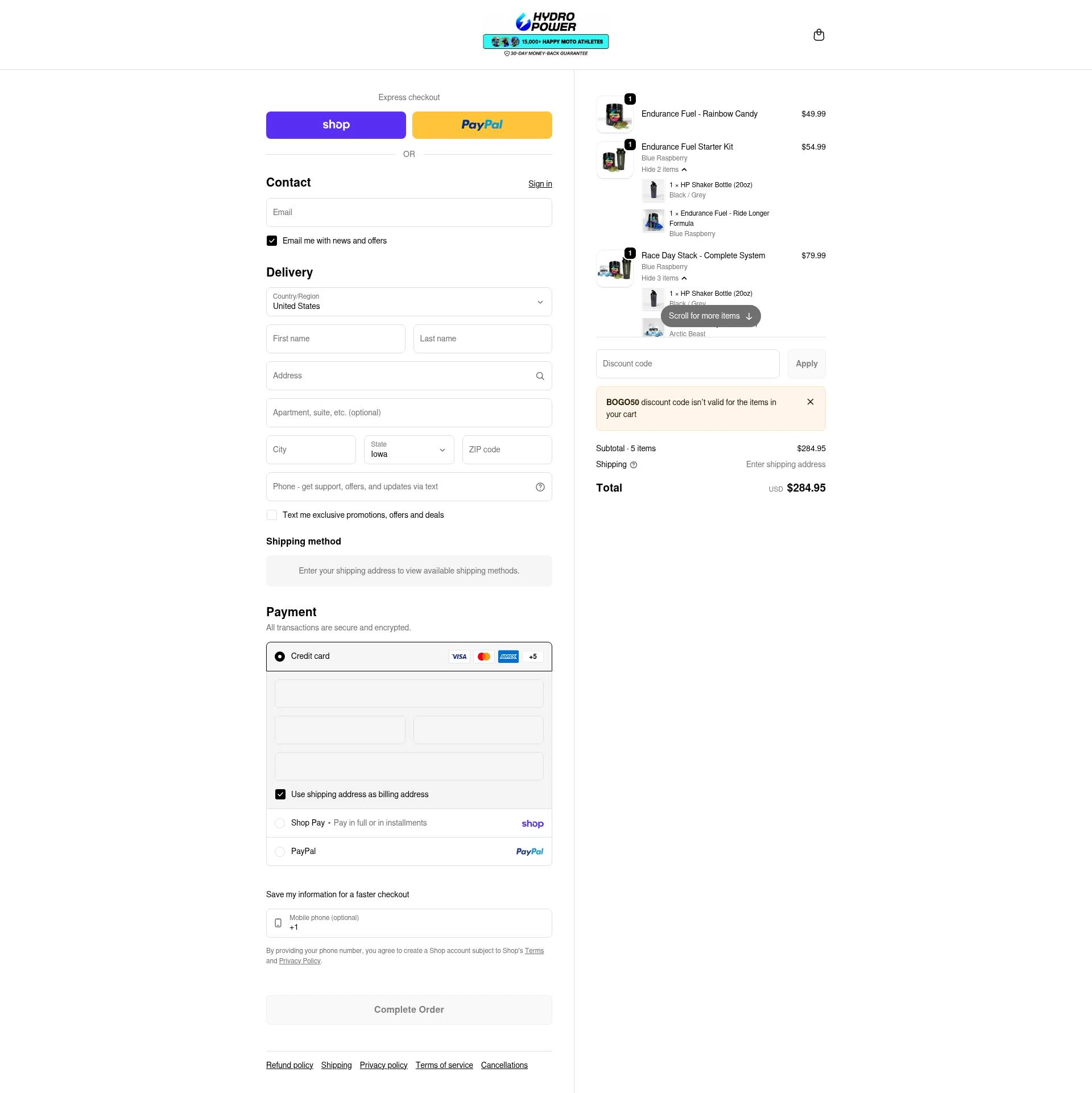 Hydro Power checkout page showing Hydro Power discount code box | Screenshot taken by SimplyCodes community member on Feb 10, 2026
