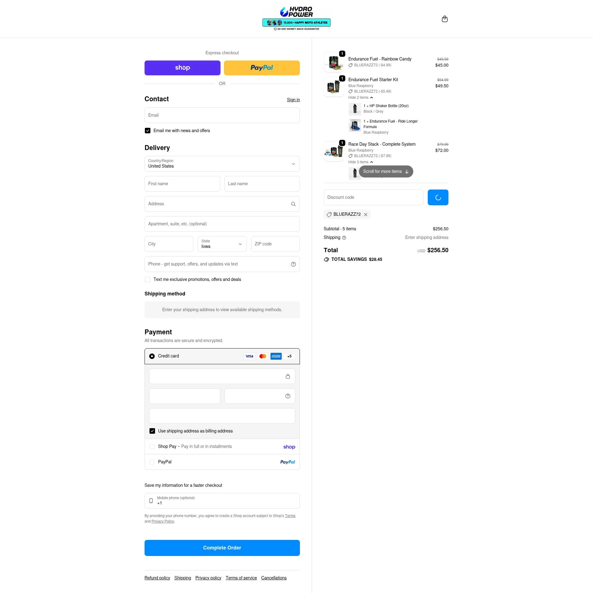 Hydro Power checkout page showing Hydro Power discount code box | Screenshot taken by SimplyCodes community member on Feb 10, 2026