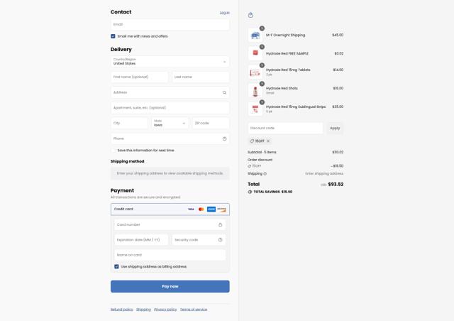 Hydroxie checkout page showing Hydroxie promo code box | Screenshot taken by SimplyCodes community member on Aug 9, 2025