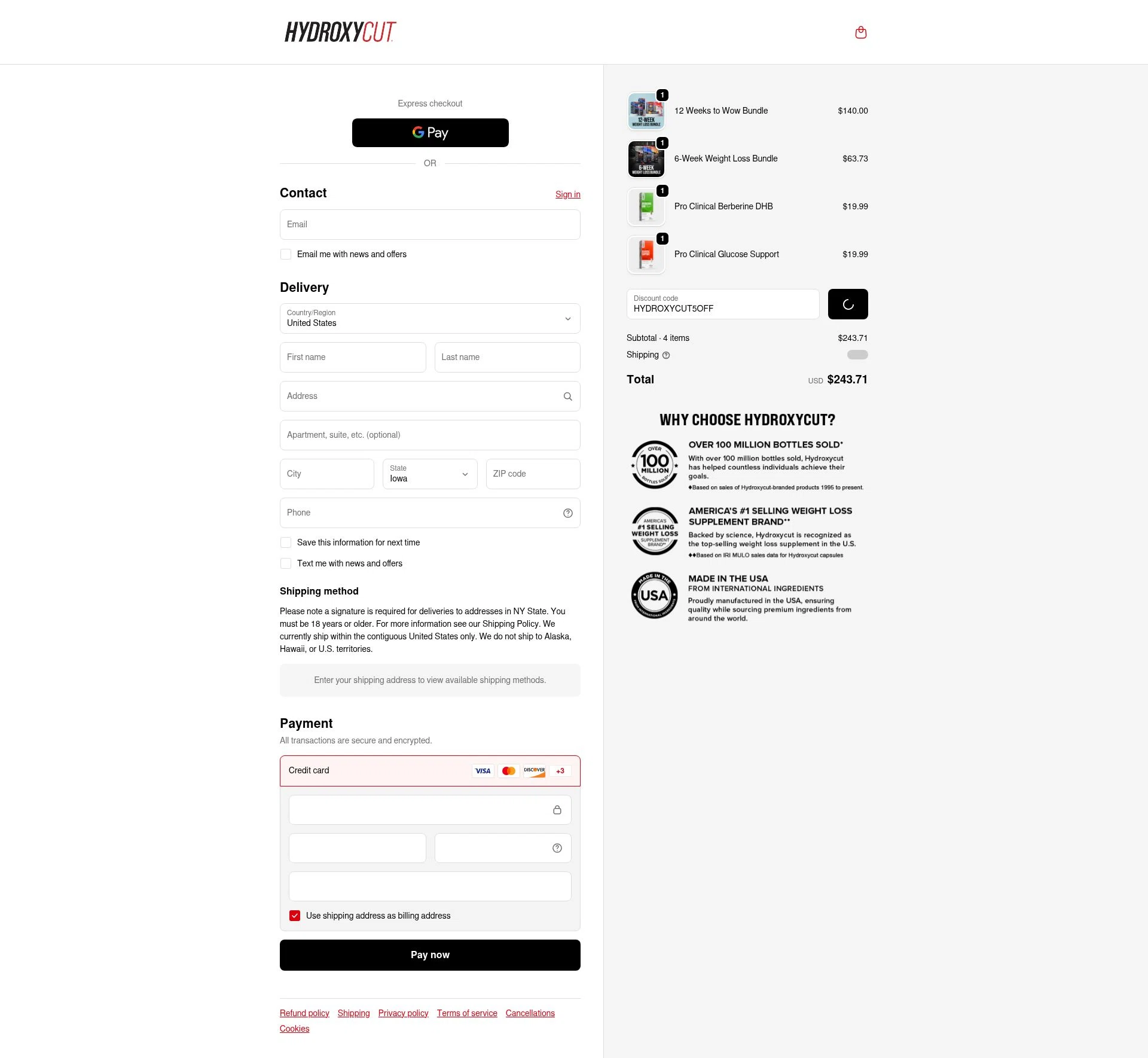 Hydroxycut checkout page showing Hydroxycut promo code box | Screenshot taken by SimplyCodes community member on Jan 7, 2026