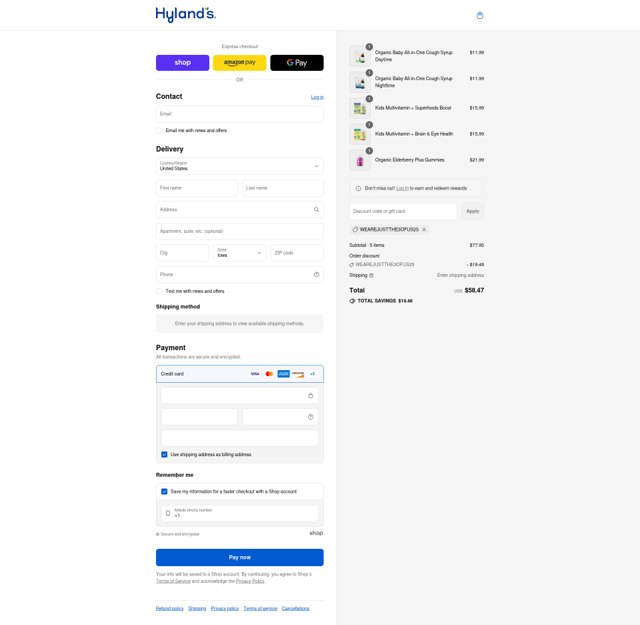 Hylands Homeopathic checkout page showing Hylands Homeopathic promo code box | Screenshot taken by SimplyCodes community member on Sep 8, 2025