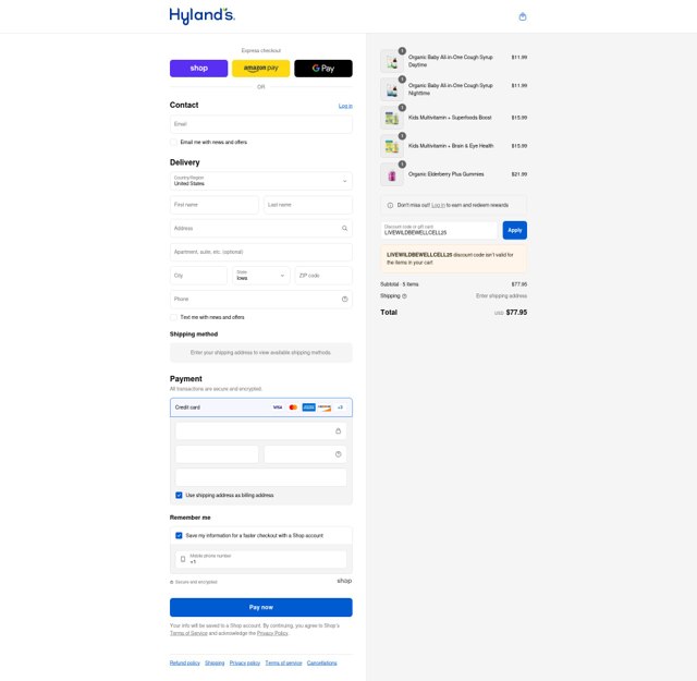 Hylands Homeopathic checkout page showing Hylands Homeopathic promo code box | Screenshot taken by SimplyCodes community member on Sep 8, 2025
