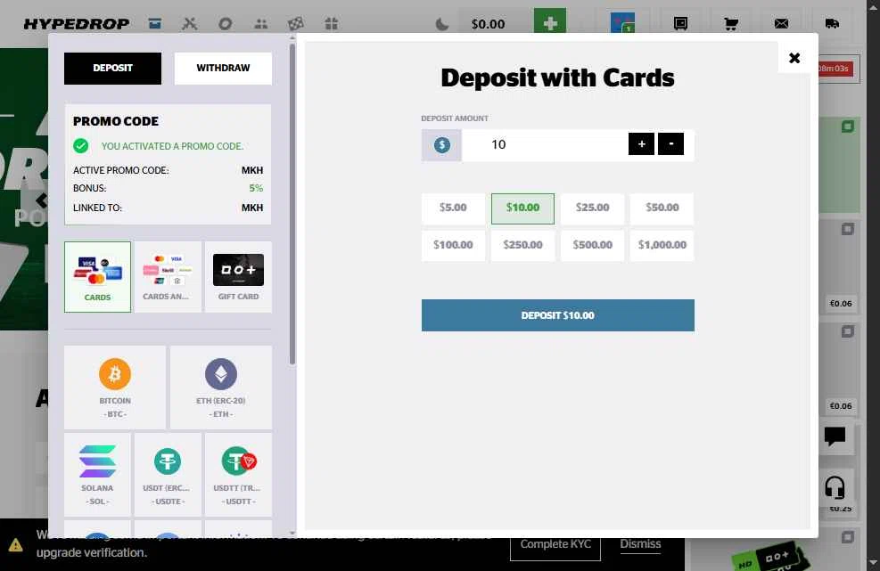 HypeDrop checkout page showing HypeDrop promo code box | Screenshot taken by SimplyCodes community member on Sep 8, 2025