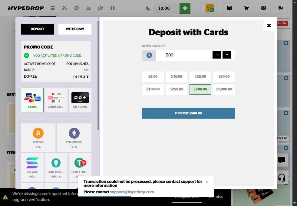 HypeDrop checkout page showing HypeDrop promo code box | Screenshot taken by SimplyCodes community member on Oct 7, 2025