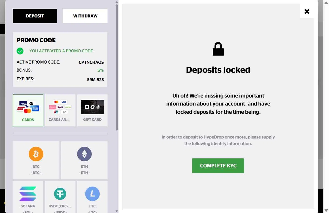 HypeDrop checkout page showing HypeDrop promo code box | Screenshot taken by SimplyCodes community member on Dec 14, 2025