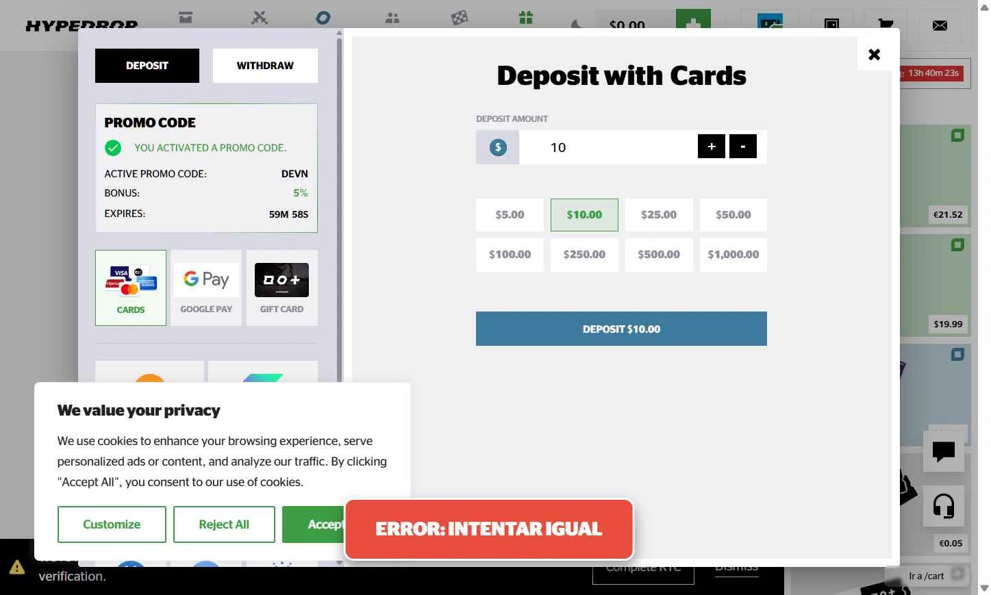 HypeDrop checkout page showing HypeDrop promo code box | Screenshot taken by SimplyCodes community member on Jan 26, 2026