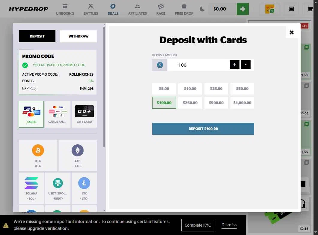 HypeDrop checkout page showing HypeDrop promo code box | Screenshot taken by SimplyCodes community member on Nov 5, 2025