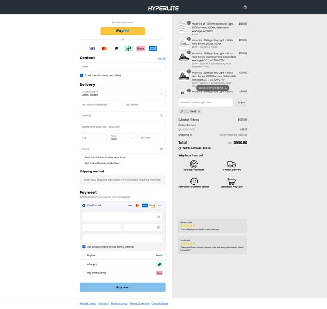 Hyperlite LED checkout page showing Hyperlite LED discount code box | Screenshot taken by SimplyCodes community member on Sep 4, 2025