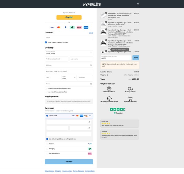 Hyperlite LED checkout page showing Hyperlite LED discount code box | Screenshot taken by SimplyCodes community member on Sep 4, 2025
