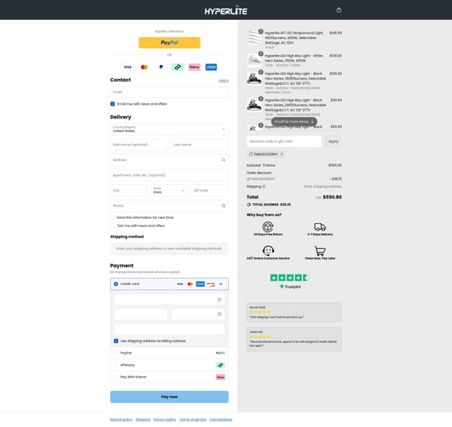 Hyperlite LED checkout page showing Hyperlite LED discount code box | Screenshot taken by SimplyCodes community member on Sep 4, 2025