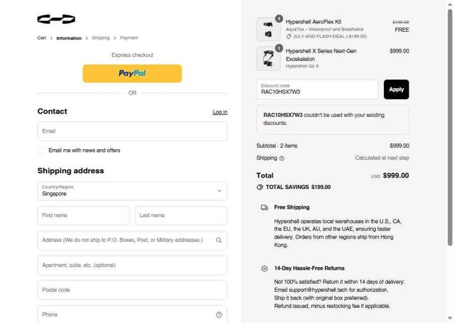 Hypershell checkout page showing Hypershell discount code box | Screenshot taken by SimplyCodes community member on Jul 31, 2025