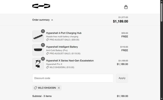 Hypershell checkout page showing Hypershell discount code box | Screenshot taken by SimplyCodes community member on Aug 16, 2025