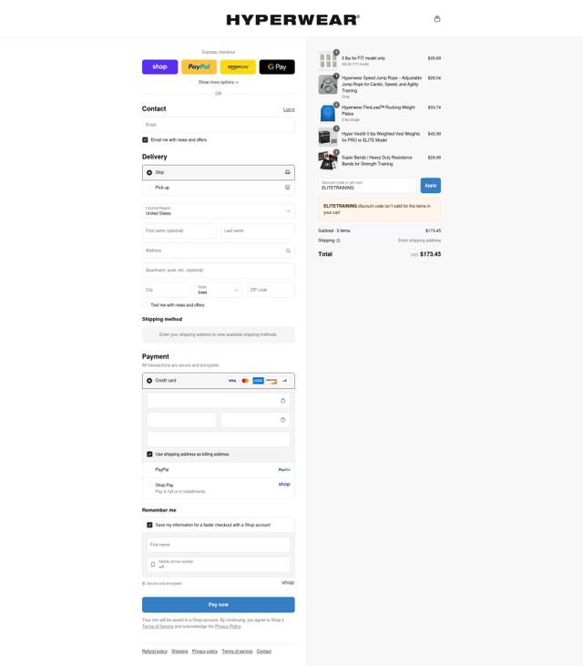 Hyper Wear checkout page showing Hyper Wear promo code box | Screenshot taken by SimplyCodes community member on Sep 6, 2025