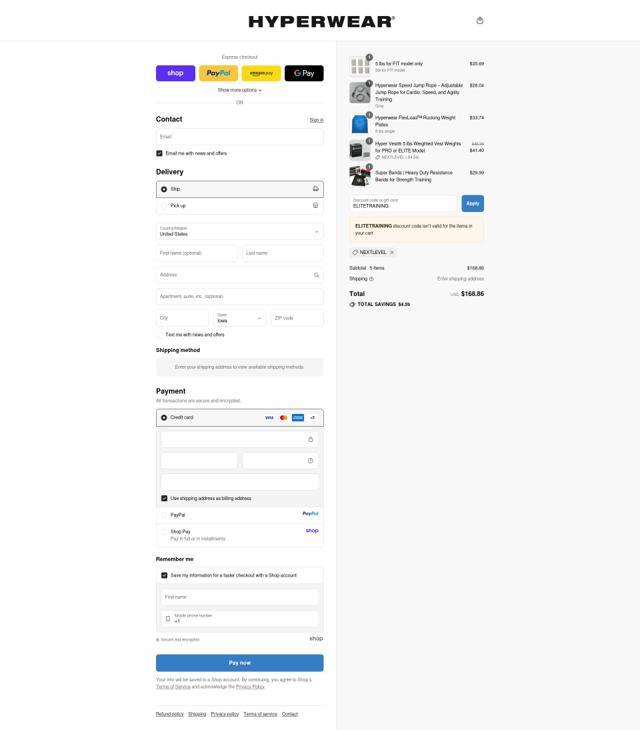 Hyper Wear checkout page showing Hyper Wear promo code box | Screenshot taken by SimplyCodes community member on Sep 10, 2025