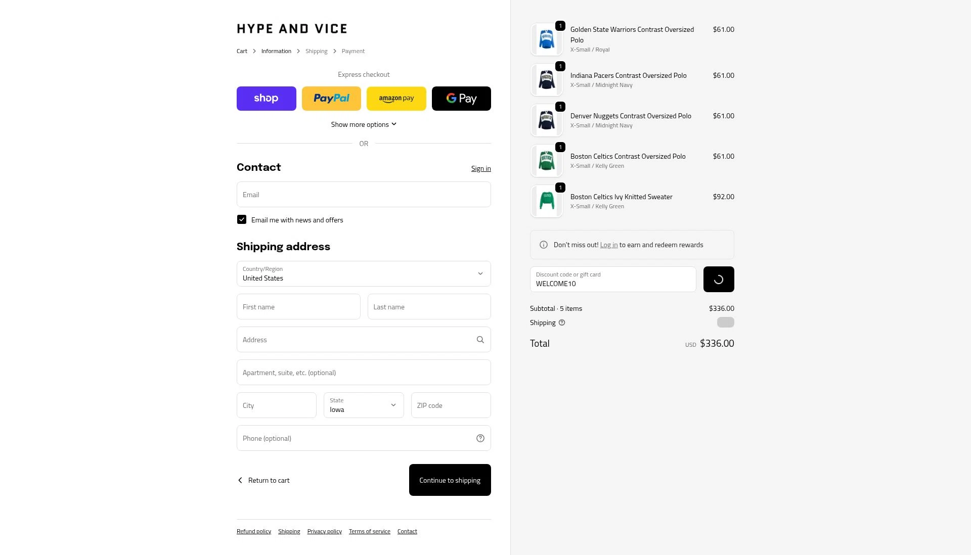 Hype & Vice checkout page showing Hype & Vice promo code box | Screenshot taken by SimplyCodes community member on Feb 6, 2026