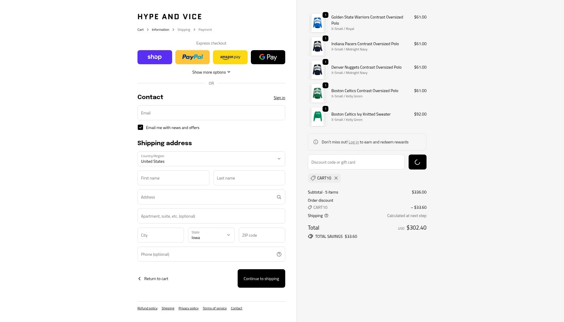 Hype & Vice checkout page showing Hype & Vice promo code box | Screenshot taken by SimplyCodes community member on Feb 6, 2026