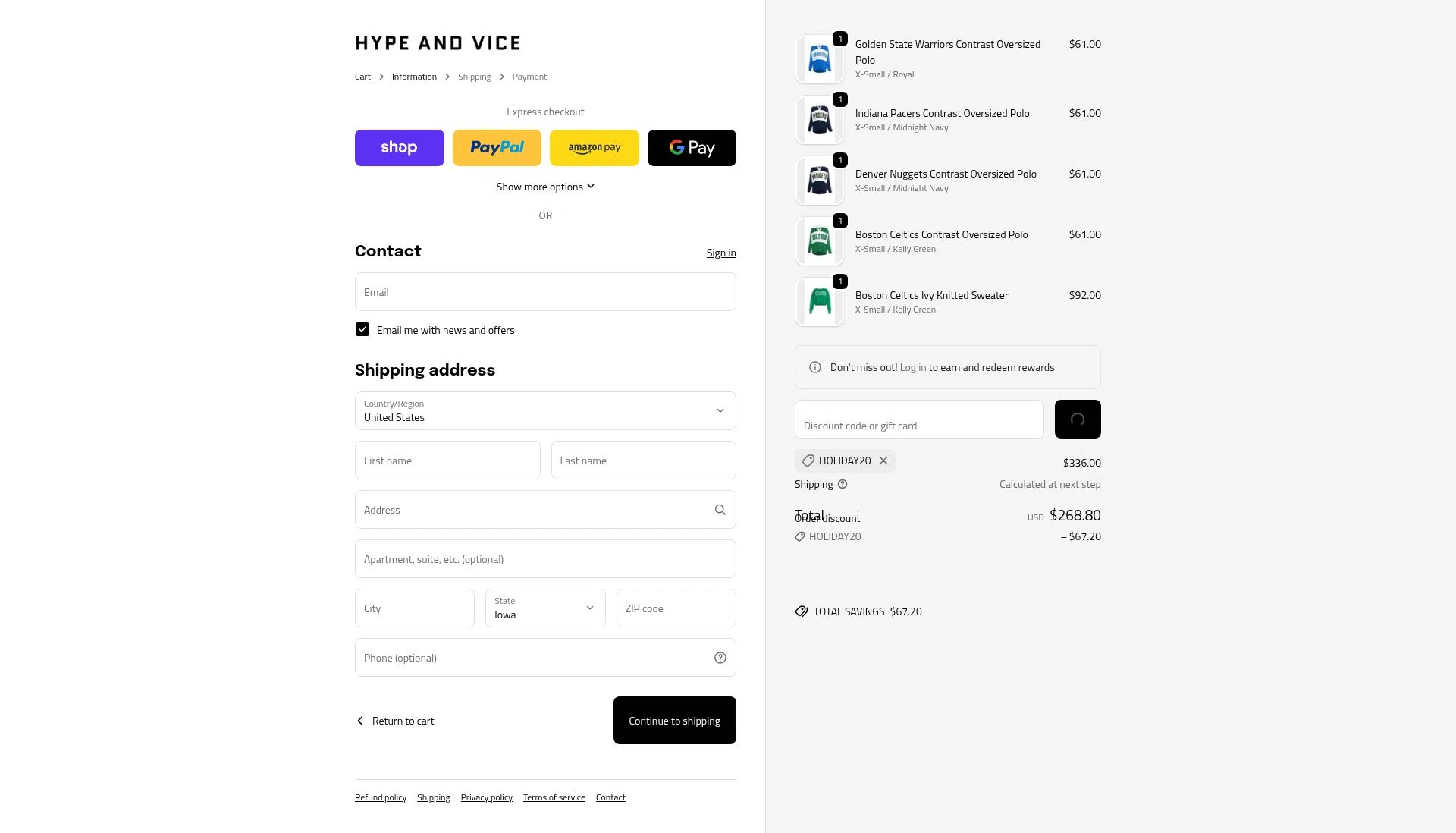 Hype & Vice checkout page showing Hype & Vice promo code box | Screenshot taken by SimplyCodes community member on Feb 6, 2026