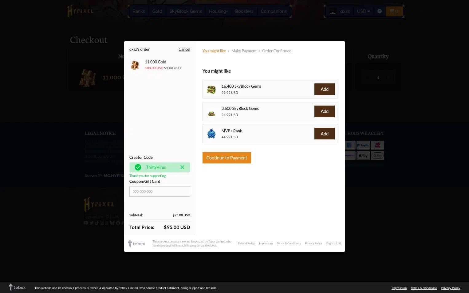 Hypixel checkout page showing Hypixel discount code box | Screenshot taken by SimplyCodes community member on Jan 30, 2026