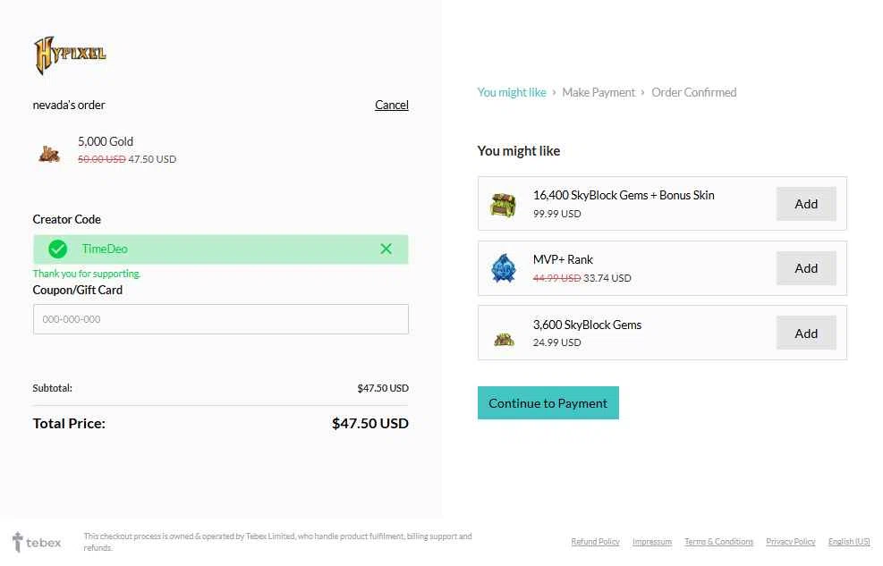Hypixel checkout page showing Hypixel discount code box | Screenshot taken by SimplyCodes community member on Dec 24, 2025