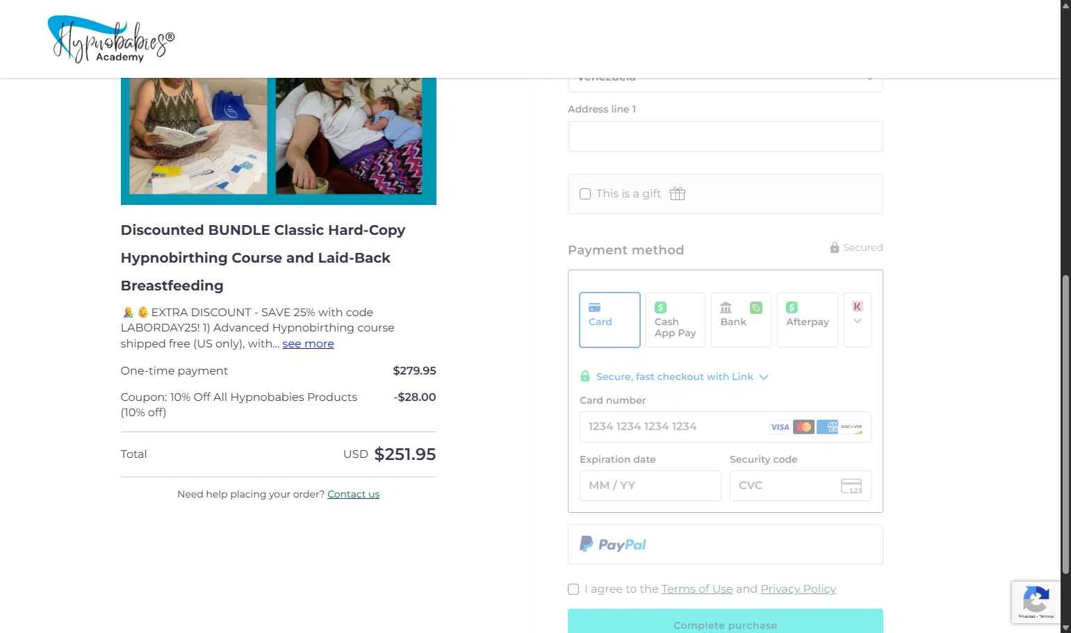 Hypnobabies Store checkout page showing Hypnobabies Store promo code box | Screenshot taken by SimplyCodes community member on Aug 30, 2025