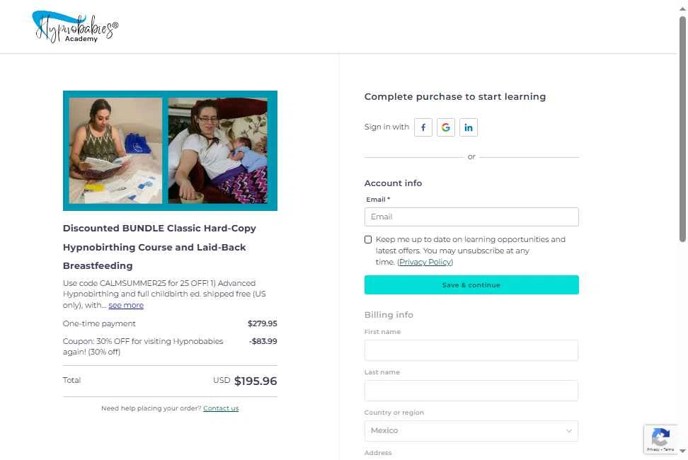 Hypnobabies Store checkout page showing Hypnobabies Store promo code box | Screenshot taken by SimplyCodes community member on Jul 9, 2025