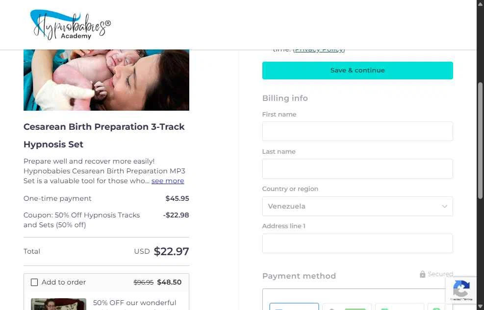 Hypnobabies Store checkout page showing Hypnobabies Store promo code box | Screenshot taken by SimplyCodes community member on Aug 1, 2025
