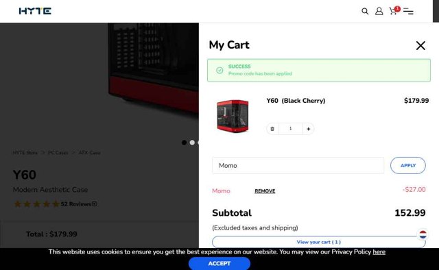 HYTE checkout page showing HYTE promo code box | Screenshot taken by SimplyCodes community member on Aug 26, 2025