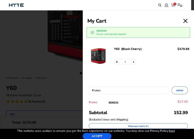 HYTE checkout page showing HYTE promo code box | Screenshot taken by SimplyCodes community member on Sep 1, 2025