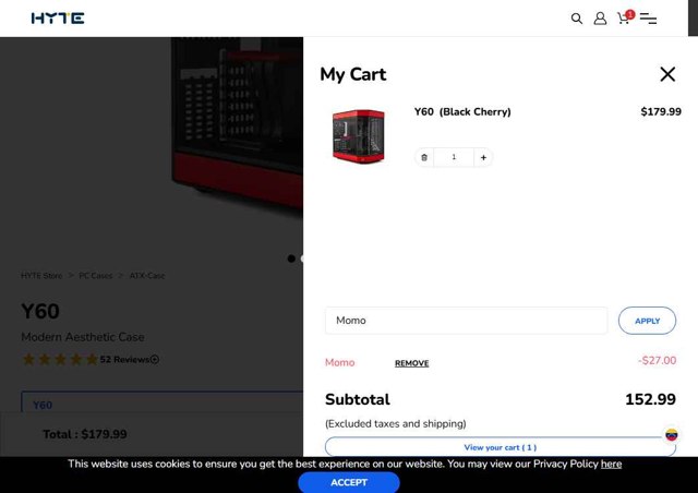 HYTE checkout page showing HYTE promo code box | Screenshot taken by SimplyCodes community member on Sep 4, 2025