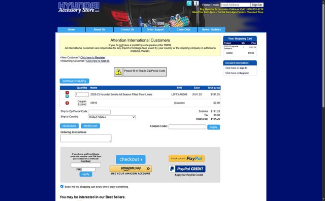 Hyundai Accessory Store checkout page showing Hyundai Accessory Store coupon code box | Screenshot taken by SimplyCodes community member on Apr 21, 2025