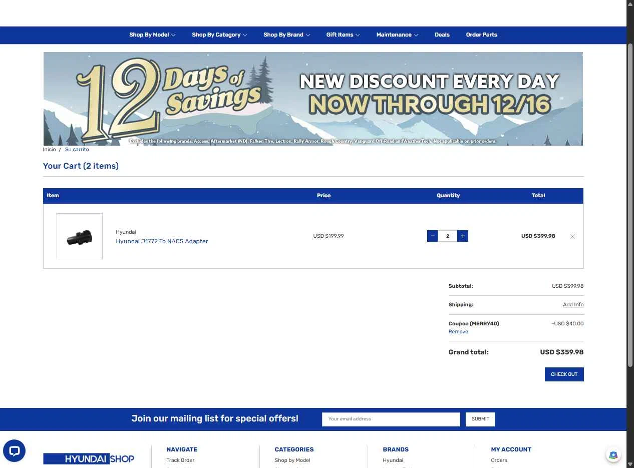 Hyundai Shop checkout page showing Hyundai Shop coupon code box | Screenshot taken by SimplyCodes community member on Dec 16, 2025