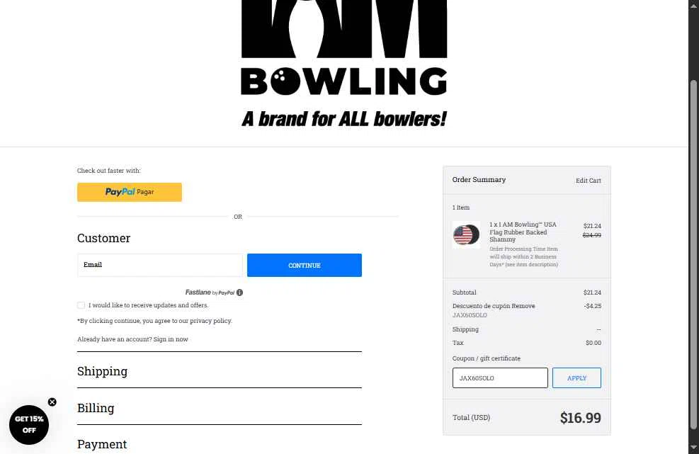 I Am Bowling checkout page showing I Am Bowling coupon code box | Screenshot taken by SimplyCodes community member on Dec 19, 2025