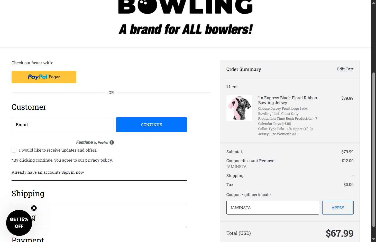 I Am Bowling checkout page showing I Am Bowling coupon code box | Screenshot taken by SimplyCodes community member on Dec 23, 2025