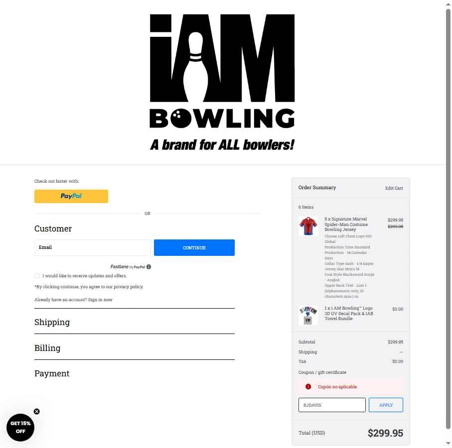 I Am Bowling checkout page showing I Am Bowling coupon code box | Screenshot taken by SimplyCodes community member on Dec 19, 2025