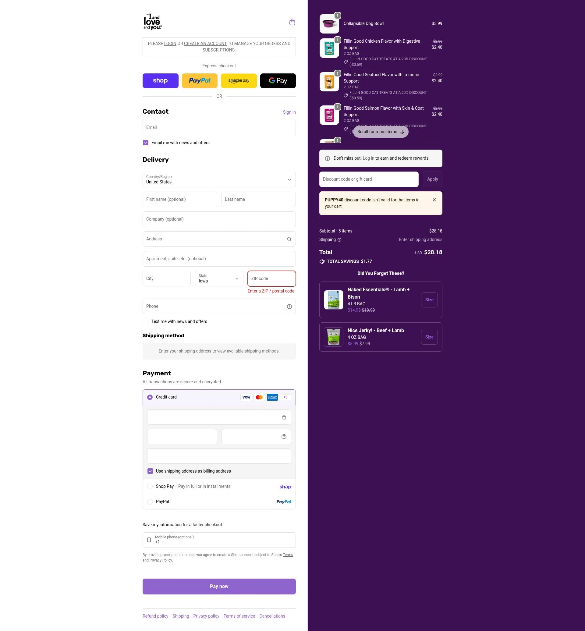 I and Love and You checkout page showing I and Love and You discount code box | Screenshot taken by SimplyCodes community member on Feb 6, 2026