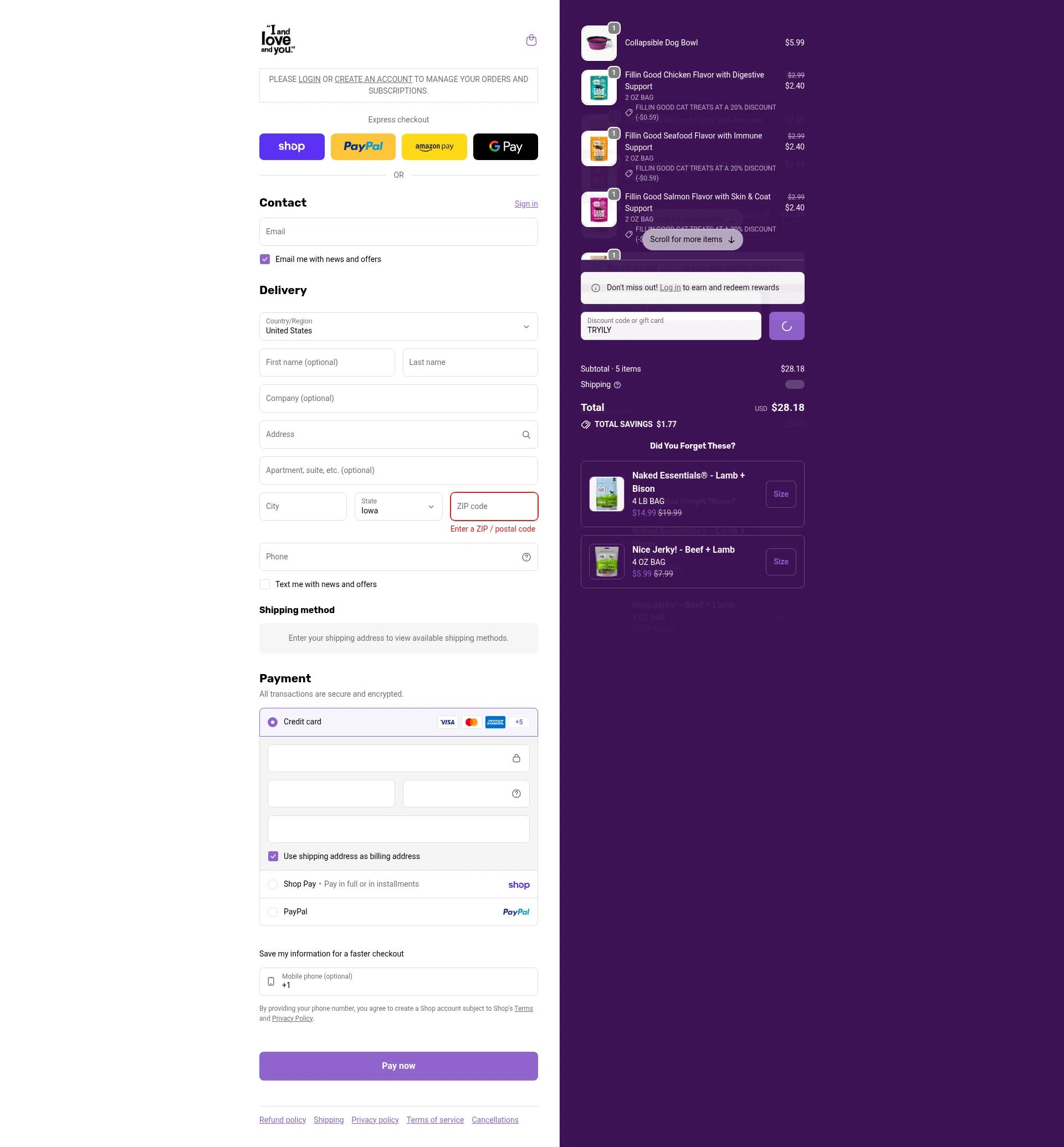 I and Love and You checkout page showing I and Love and You discount code box | Screenshot taken by SimplyCodes community member on Feb 6, 2026