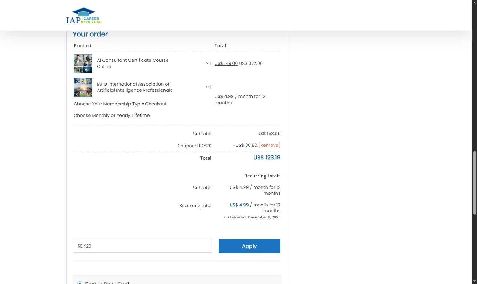 IAP Career College checkout page showing IAP Career College coupon code box | Screenshot taken by SimplyCodes community member on Nov 6, 2025
