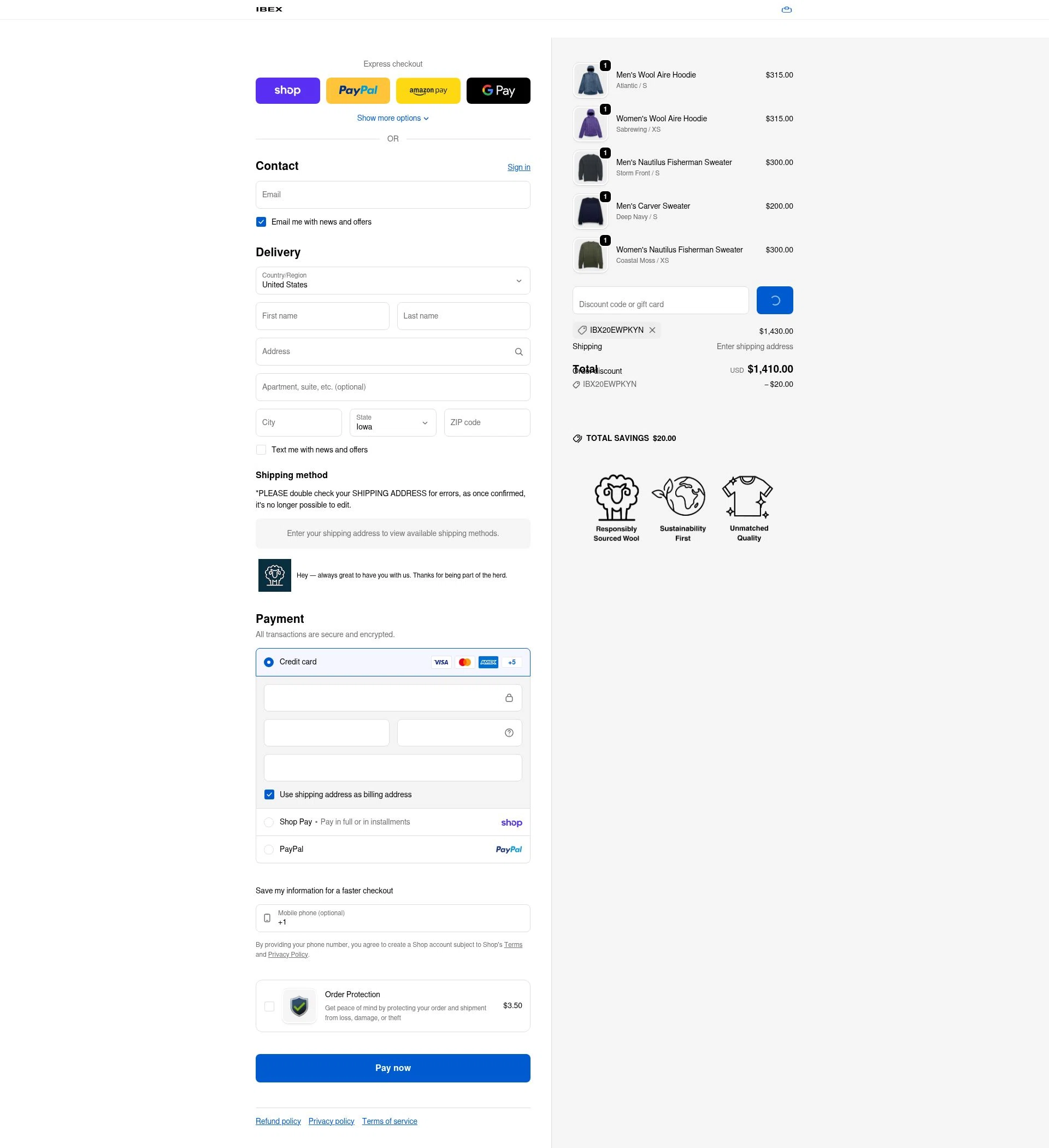 Ibex checkout page showing Ibex promo code box | Screenshot taken by SimplyCodes community member on Feb 15, 2026
